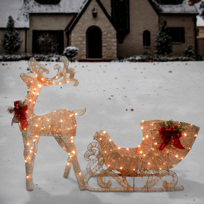 48'' H x 68'' W x 13.5'' D Reindeer Pulling Sleigh Lighted Display