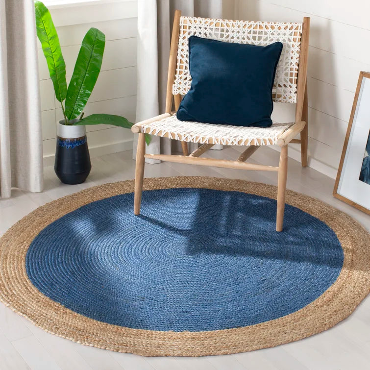 Round Vicksburg Handmade Flatweave Jute/Sisal Area Rug in Royal Blue/Natural, Round 7'