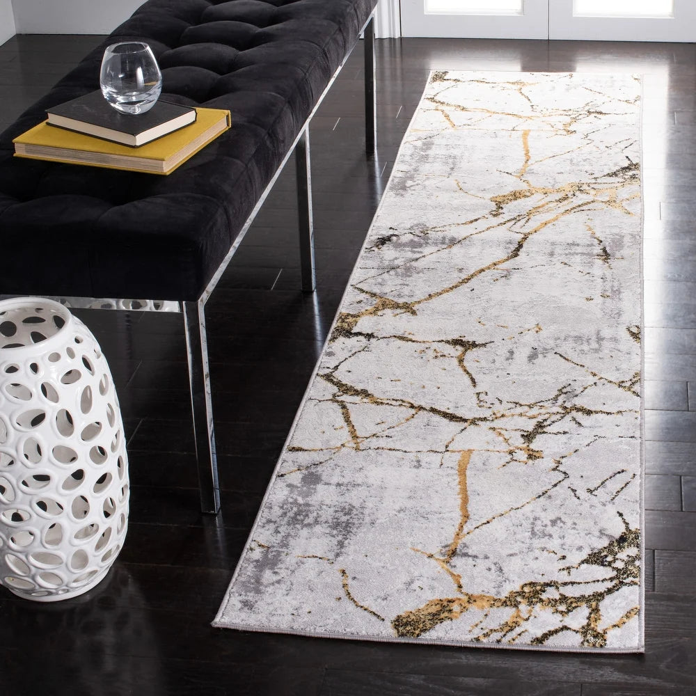 SAFAVIEH Amelia Fietje Modern Abstract Distressed Rug - 2' x 20' Runner - Grey/Gold