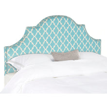 Load image into Gallery viewer, SAFAVIEH Hallmar Blue/ White Upholstered Arched Headboard - Silver Nailhead (Queen) 2727AH
