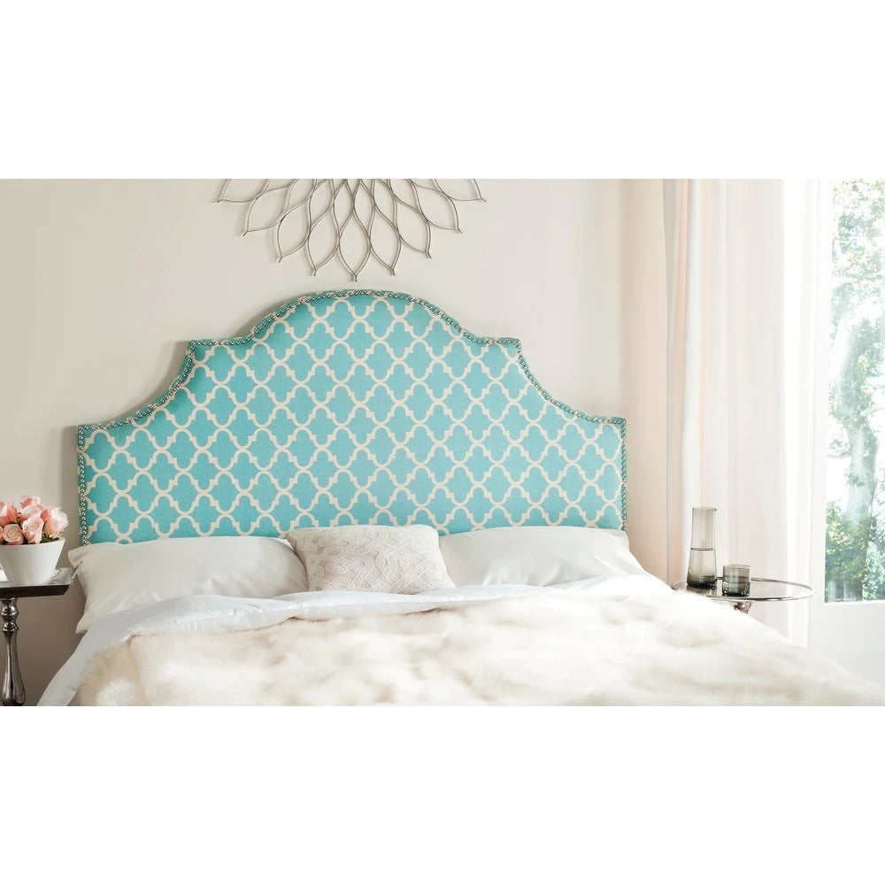 SAFAVIEH Hallmar Blue/ White Upholstered Arched Headboard - Silver Nailhead (Queen) 2727AH