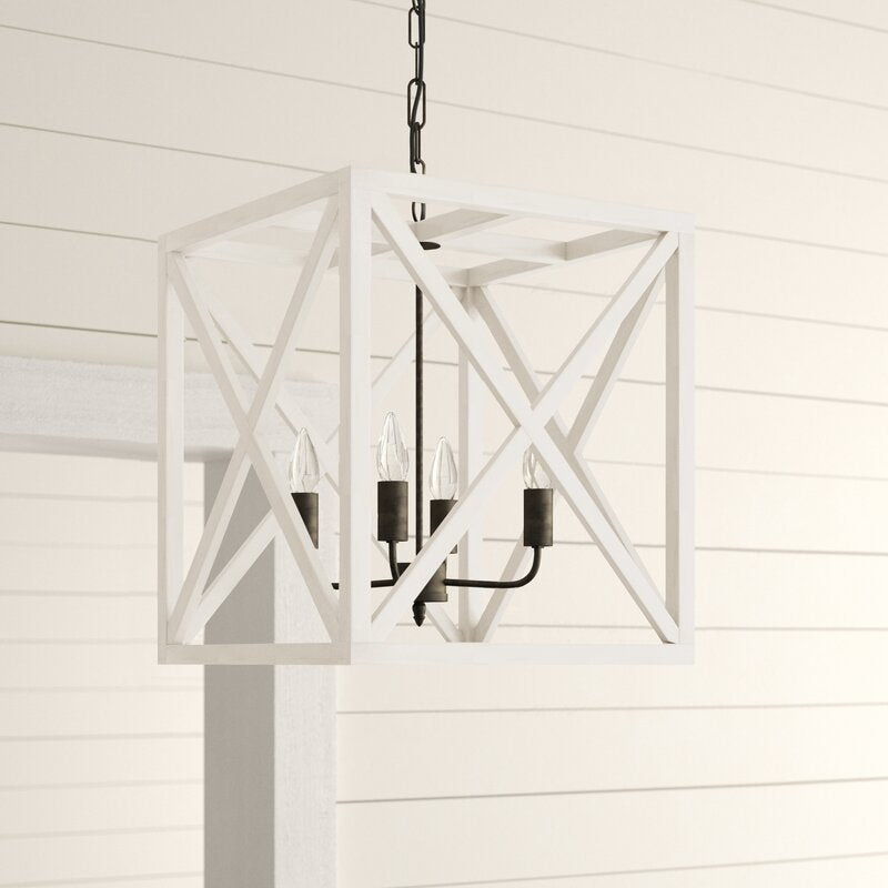 Cream Sabrina 4 - Light Lantern Square / Rectangle Chandelier with Wood