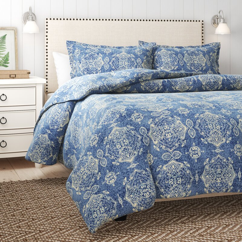 Sandrine Bedding Blue 100% Cotton Reversible 1 Duvet QUEEN Cover Set EC1316