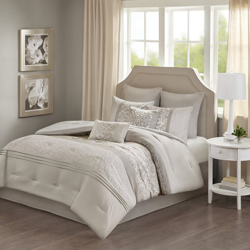 King Comforter + 7 Additional Pieces Beige/Ivory/Taupe Sayers Microfiber Modern & Contemporary 8 Piece Comforter Set