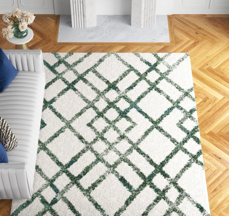 Karter Geometric Area Rug in Ivory/Green 2 x 8