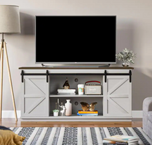 Load image into Gallery viewer, 58 in. White Barn Door TV Stand for TVs up to 65 in.

