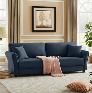 84.25''W Linen Flared Arm Sofa, 3-Seater, Solid Wood Legs Dark Blue