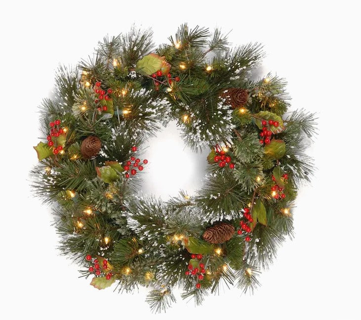 National Tree Company 24-in Flocked Pre-lit Outdoor Battery-operated Green Pine Artificial Christmas Wreath