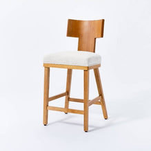 Load image into Gallery viewer, Salduro Sculptural Wood Counter Height Barstool with Upholstered Seat Linen
