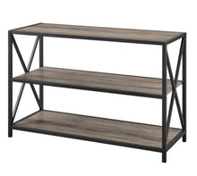 Load image into Gallery viewer, 40&quot; X-Frame Metal and Wood Media Bookshelf, Gray Wash
