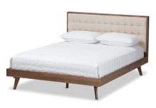 Load image into Gallery viewer, Soloman Mid-Century Modern Light Beige Fabric and Walnut Brown Finished Wood King Size Platform Bed
