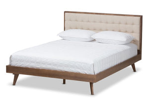 Soloman Mid-Century Modern Light Beige Fabric and Walnut Brown Finished Wood King Size Platform Bed