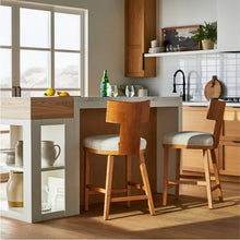 Load image into Gallery viewer, Salduro Sculptural Wood Counter Height Barstool with Upholstered Seat Linen

