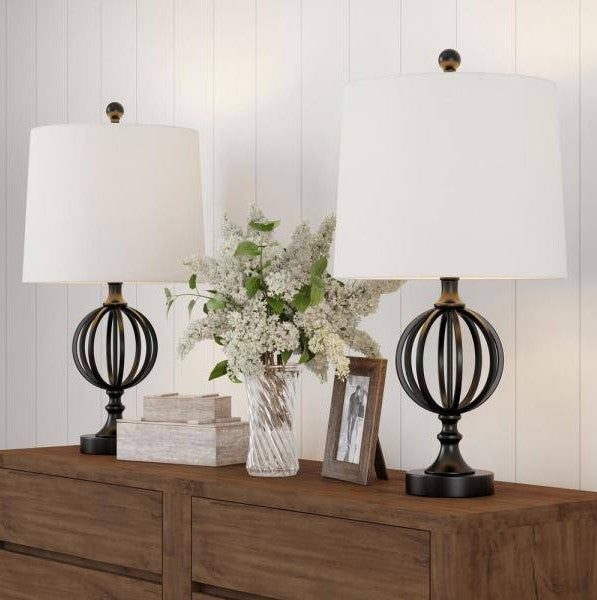 25 in. Openwork Black Iron Orb Table Lamps (Set of 2)