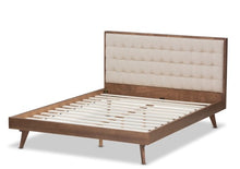 Load image into Gallery viewer, Soloman Mid-Century Modern Light Beige Fabric and Walnut Brown Finished Wood King Size Platform Bed
