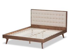 Soloman Mid-Century Modern Light Beige Fabric and Walnut Brown Finished Wood King Size Platform Bed