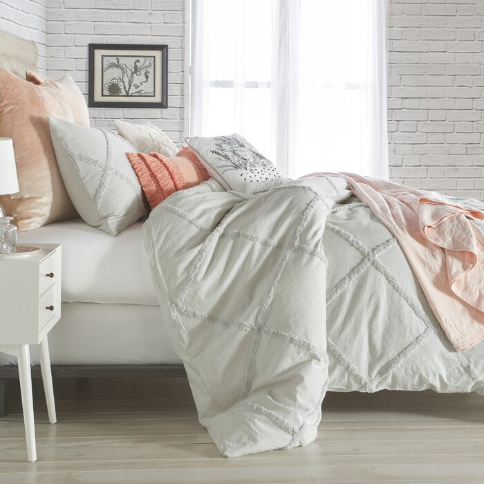 Full/Queen Comforter + 2 Shams Gray Shameka Chenille Lattice Comforter Set (SB1507)