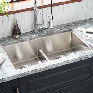 448365 Signature Hardware 32" Ortega Low Divide Double Bowl Stainless Steel Undermount Sink 1286AH