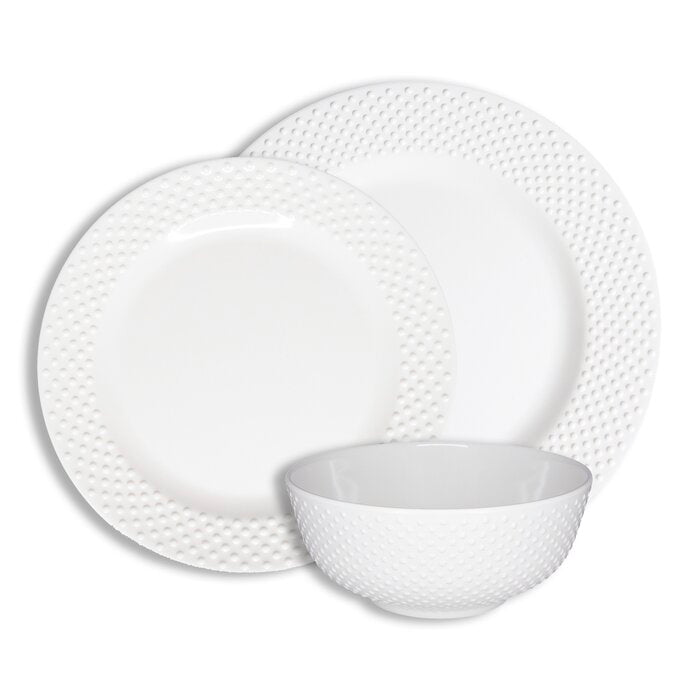 White Solid Swiss Dots 12 Piece Melamine Dinnerware Set, Service for 4 (ND359)