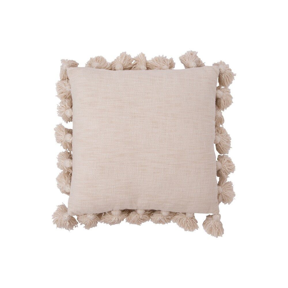 Square Cotton Woven Slub Pillow with Tassels - Cream