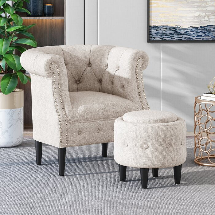 Starks Tufted Fabric Chesterfield Chair and Ottoman Beige #1835HW