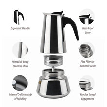 Load image into Gallery viewer, Stovetop Espresso Maker Stainless Steel 6 Cup Espresso Moka Pot For Full Flavored Espresso Percolator Italian Coffee Maker Stainless Steel Espresso Maker With Gift Package(2 Cups,1 Spoon)
