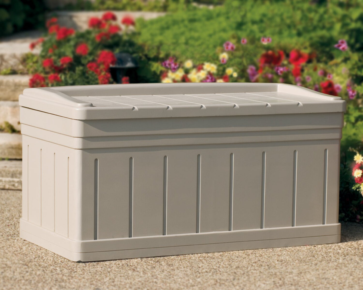 Suncast 129 Gallons Gallon Water Resistant Plastic Storage Bench in Cream 2357CDR