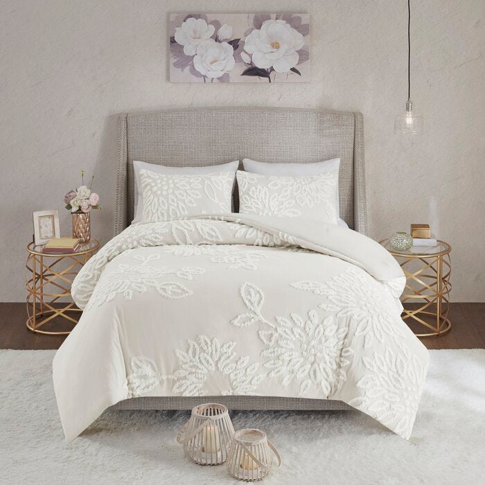 King/Cal. Comforter + 2 King Shams Off-White Susie Gray/White Standard Cotton 3 Piece Comforter Set