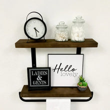 Load image into Gallery viewer, 24&quot; W Dark Walnut Sussman 2 Piece Pine Solid Wood Shelf with Towel Bar
