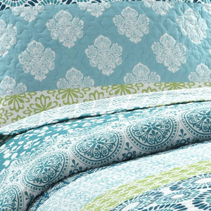 Full/Queen Quilt + 2 Shams Blue/Green Tamela Reversible Quilt Set #CR1075