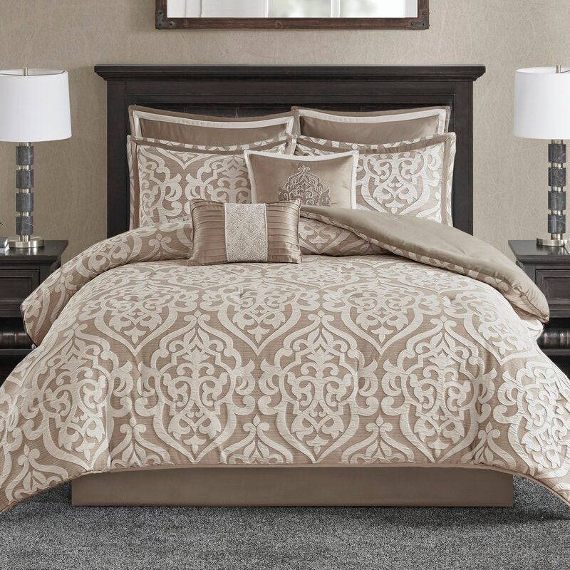 Queen Comforter + 7 Additional Pieces Tan Tess Damask 8 Piece Comforter Set 216AH
