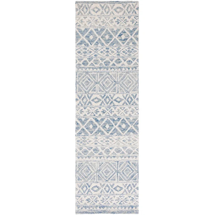 Theresa Ikat Handmade Tufted Wool Area Rug in Ivory/Blue Runner