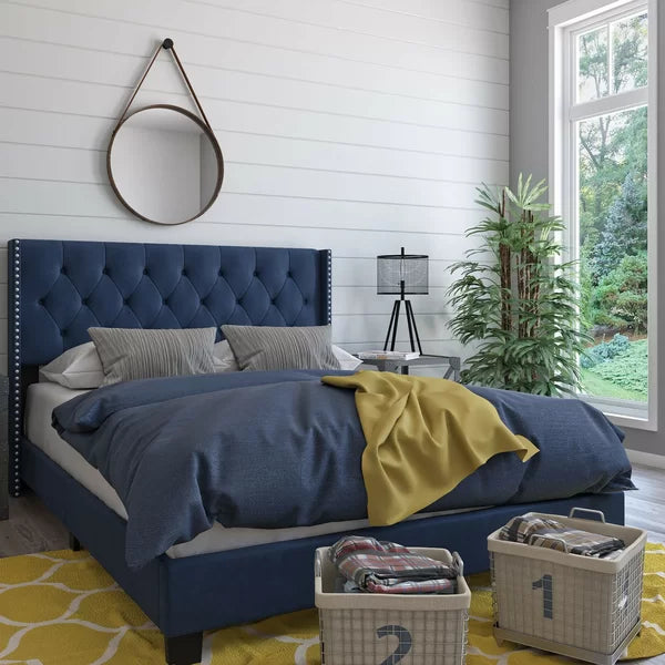 Queen Blue Tianna Tufted Upholstered Low Profile Standard Bed