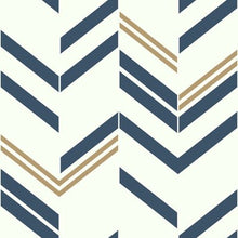 Load image into Gallery viewer, 6 Rolls of Timm Chevron and Herringbone 16.5' L x 20.5" W Peel and Stick Wallpaper Roll Navy/White/Gold  556CDR
