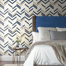 Load image into Gallery viewer, 6 Rolls of Timm Chevron and Herringbone 16.5' L x 20.5" W Peel and Stick Wallpaper Roll Navy/White/Gold  556CDR

