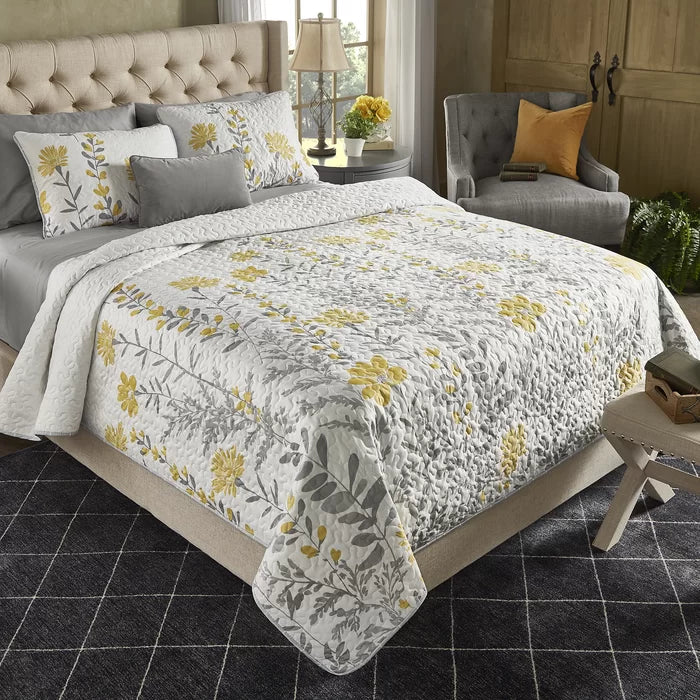 King Quilt + 2 Standard Shams Yellow/Gray Timote Microfiber Reversible Traditional 3 Piece Quilt Set