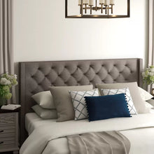 Load image into Gallery viewer, Eastern King Gray Trevoux Upholstered Wingback Headboard
