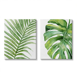 20" H x 16" W x 1.5" D Tropical Green Palms Minimal White Background - 2 Piece Graphic Art Set on Canvas