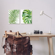Load image into Gallery viewer, 20&quot; H x 16&quot; W x 1.5&quot; D Tropical Green Palms Minimal White Background - 2 Piece Graphic Art Set on Canvas
