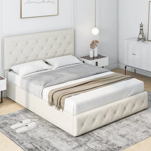 Tufted Upholstered Storage Platform Bed with Adjustable Headboard queen