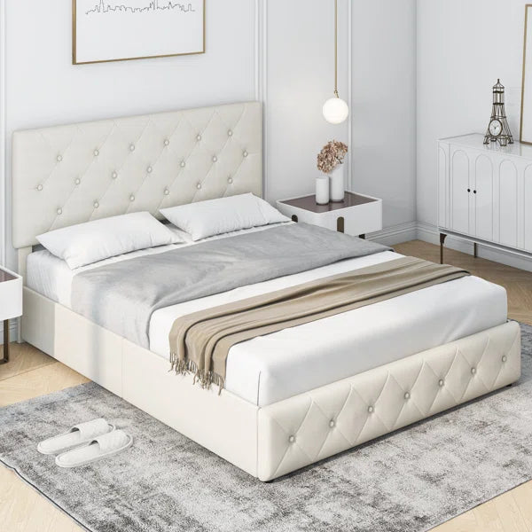 Tufted Upholstered Storage Platform Bed with Adjustable Headboard queen
