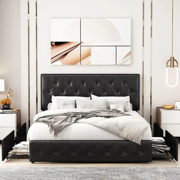 Full Black Tufted Upholstered Storage Platform Bed with Adjustable Headboard