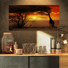Load image into Gallery viewer, Typical African Sunset With Giraffe - Wrapped Canvas Photograph, 16&quot; H x 32&quot; W x 1&quot; D
