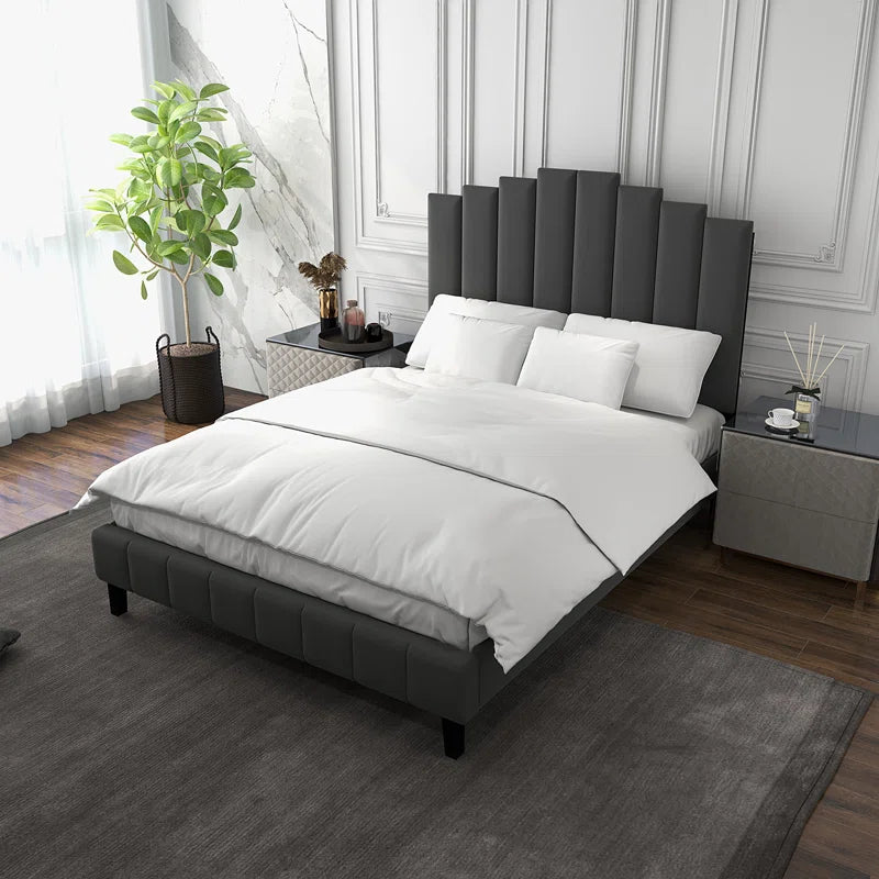 Grey Velvet Upholstered Bed, queen