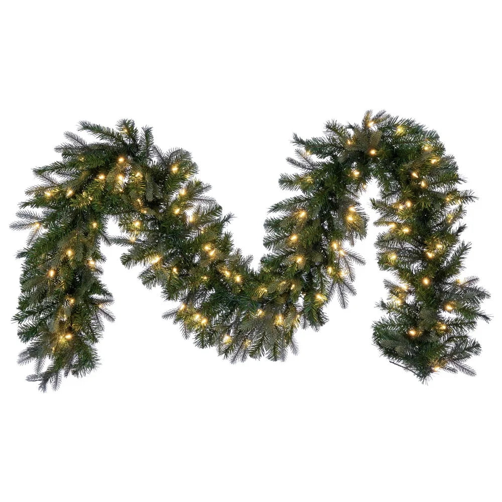 Fir Artificial Pre-Lit Garland, Dura-Lit® Warm White LED Mini Lights. - Green - 9' x 14