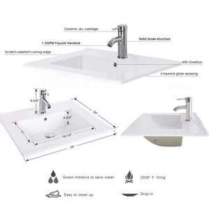 White Ceramic Rectangular Drop-in Bathroom Sink with Faucet and Overflow