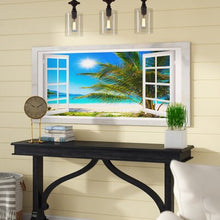 Load image into Gallery viewer, Blue/Green Window Open to Beach with Palm - Wrapped Canvas Print - 496CE
