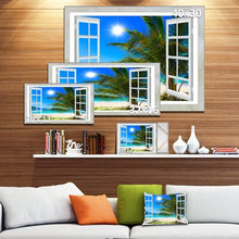 Load image into Gallery viewer, Blue/Green Window Open to Beach with Palm - Wrapped Canvas Print - 496CE

