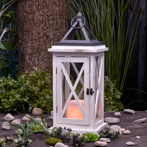 Wood White Battery Powered LED Outdoor Lantern with Electric Candle 7379