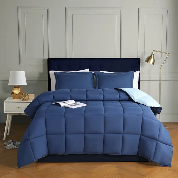 King/Cal. King Comforter + 2 Queen Shams Navy Wynton Microfiber Reversible 3 Piece Comforter Set